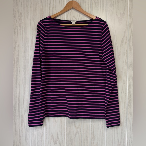 J. Crew Women's Striped Boat Neck Pullover Long Sleeve Top Pink Navy Size M EUC - Picture 1 of 4